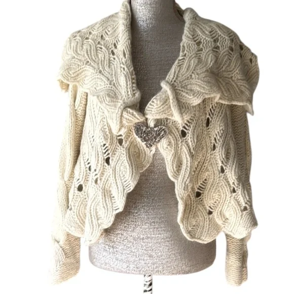 Anthropologie Sleeping On Snow Ivory Angora Knit Heart Pin Cardigan Size M - Picture 10 of 10